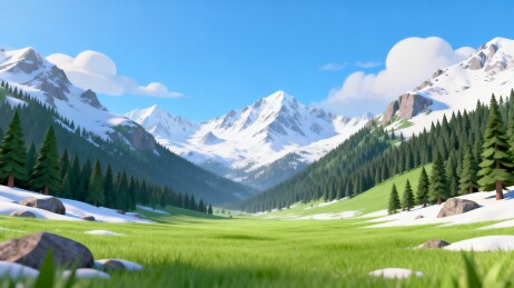 雪山草甸松林晴日自然背景