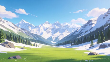雪山草甸松林晴日自然背景