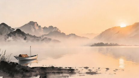 水墨山水画：湖畔小船日出日落雾景宁静画面