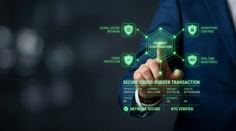 商务男士确认安全跨境交易全息支付网络