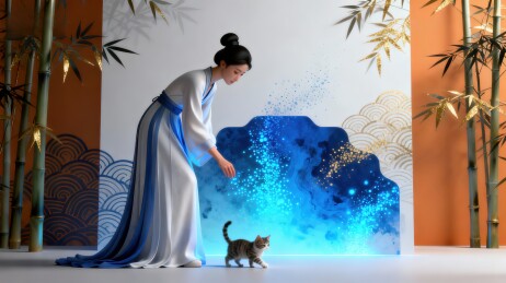 女子与猫在蓝光前互动