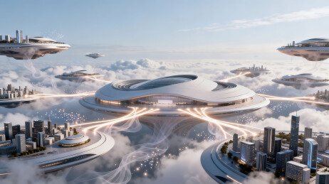 未来城市空中悬浮建筑群