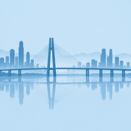 清晨斜拉桥江面倒影剪影插画