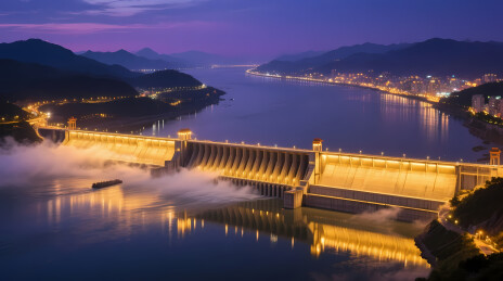 夜色中的金色水坝