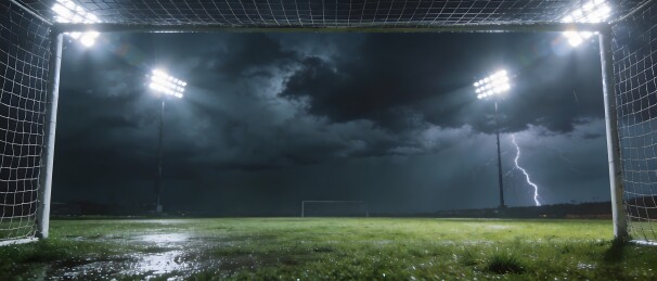 雷电交加的足球场球门夜景