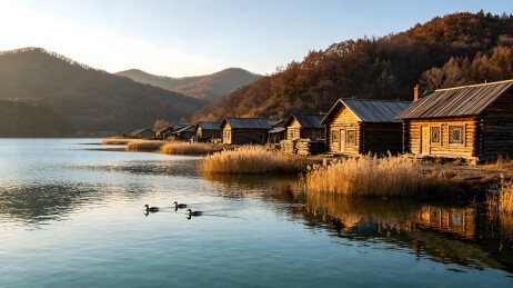 湖边木屋与山景相映成趣，鸭子在水中悠然自得